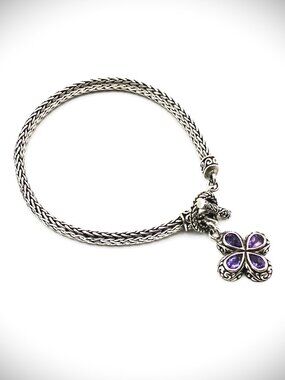 VINTAGE Sterling Silver & Purple Amethyst Charm Bracelet 7" Long